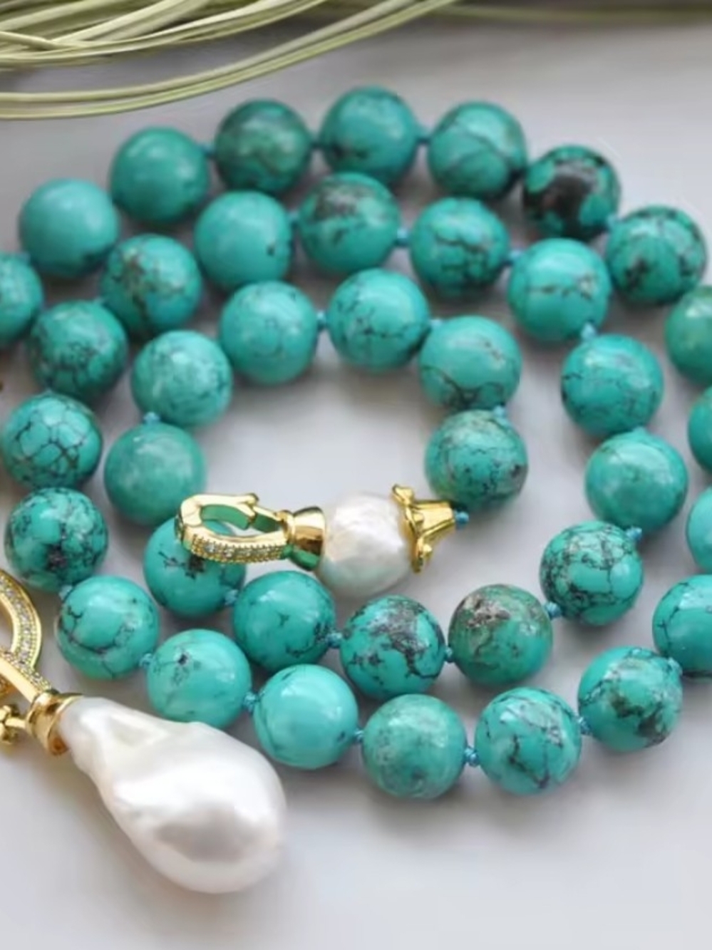 Turquoise Beaded Necklace with Baroque Pearl Pendant. 16" - Picture 2 of 4